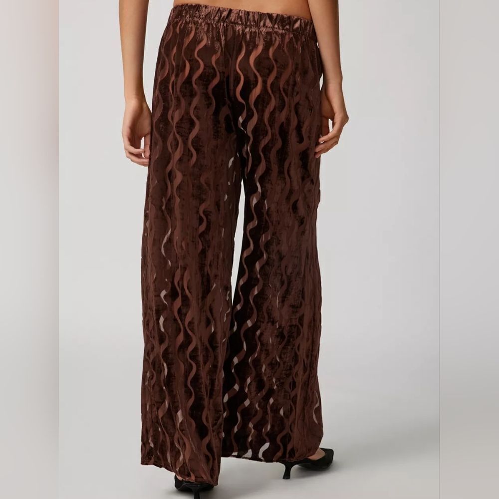 Burnout wavy pattern velvet, wide leg pull up pants, brown size M New - Picture 4 of 6